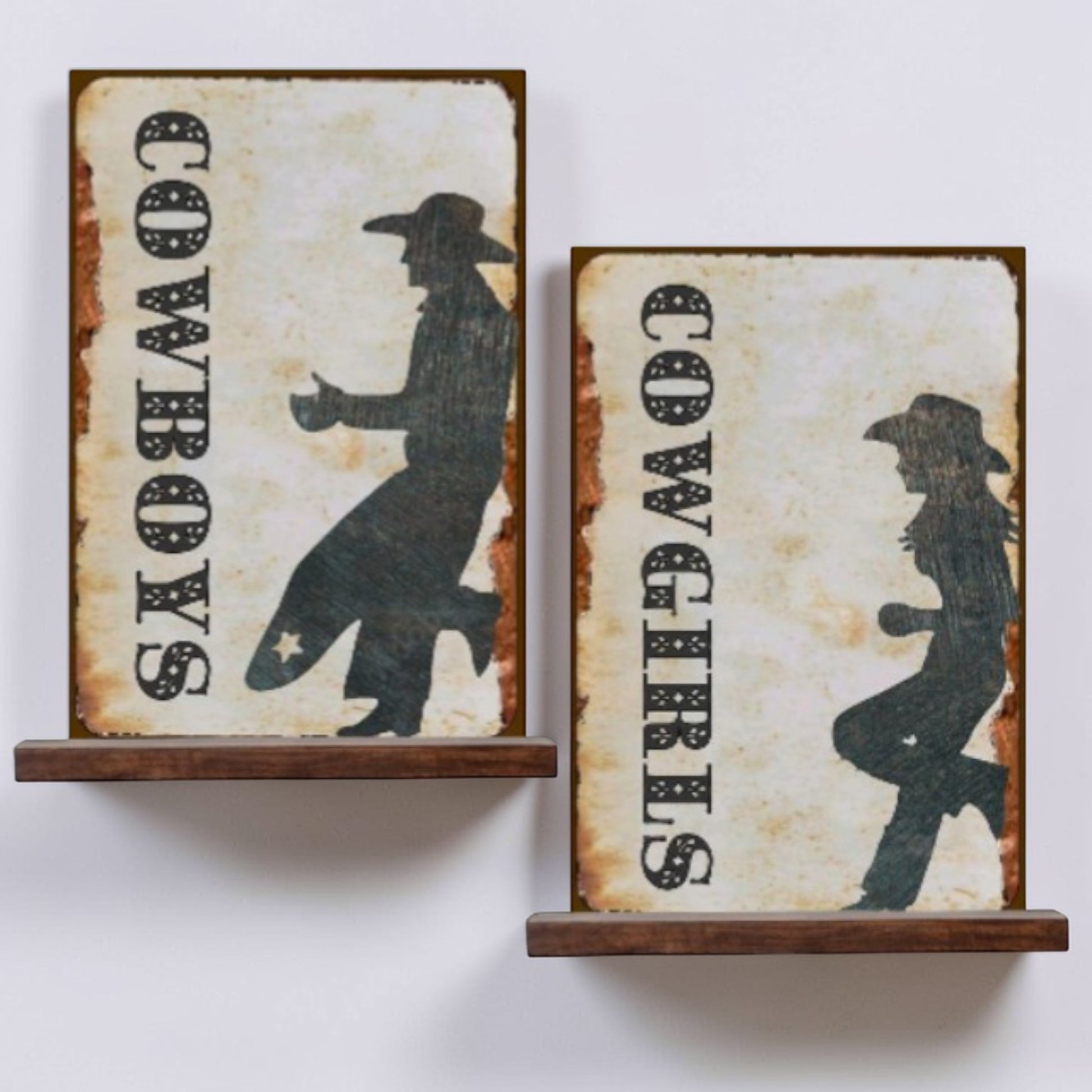 Rustic Western Bathroom Signs Set – Cowboys and Cowgirls Aluminum Restroom Wall Decor Pair