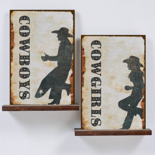 Rustic Western Bathroom Signs Set – Cowboys and Cowgirls Aluminum Restroom Wall Decor Pair