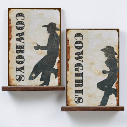 Rustic Western Bathroom Signs Set – Cowboys and Cowgirls Aluminum Restroom Wall Decor Pair