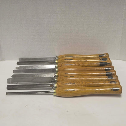 Complete set of eight vintage Craftsman wood lathe turning chisels with hardwood handles.