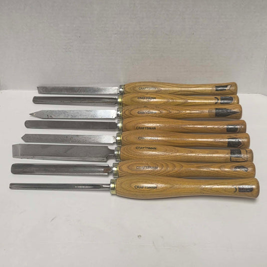 Complete set of eight vintage Craftsman wood lathe turning chisels with hardwood handles.
