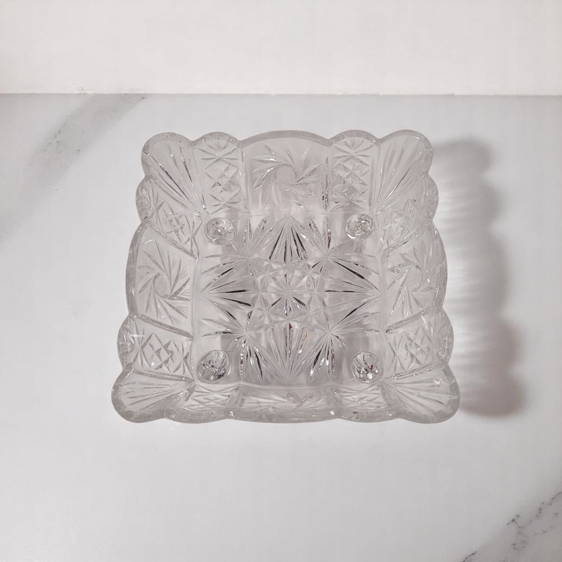 8" Hand-Cut Crystal Glass Square 4-Footed Pinwheel Serving Dish 