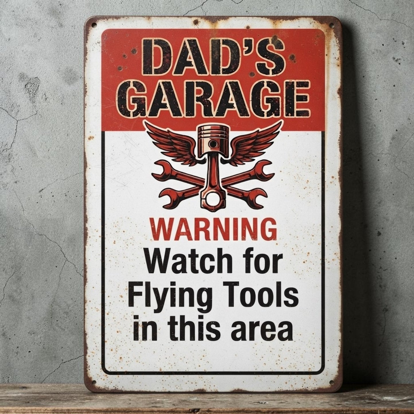 Rustic personalized Dad's Garage and Granddad's Garage metal sign with flying tools warning.
