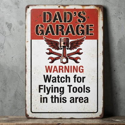 Rustic personalized Dad's Garage and Granddad's Garage metal sign with flying tools warning.
