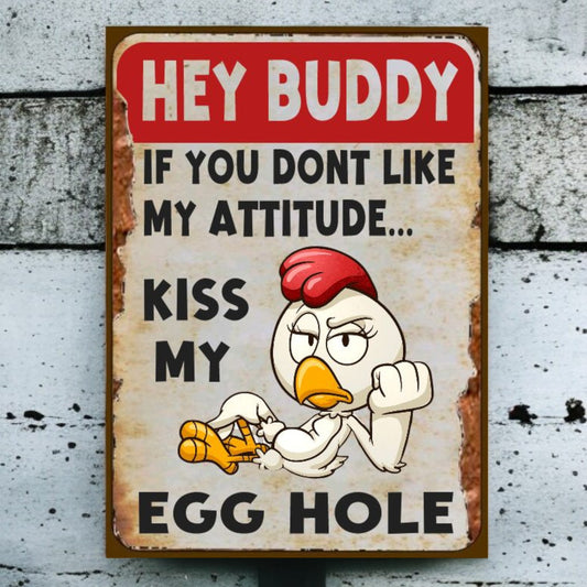 Cartoon chicken with humorous text on a rustic background