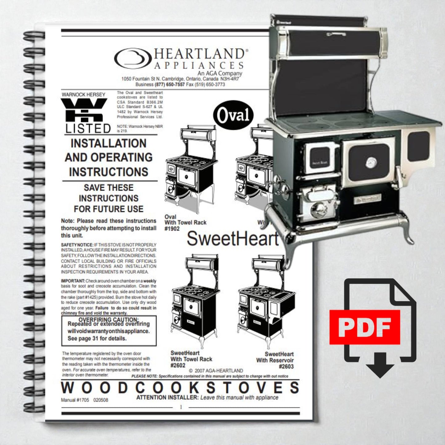 Heartland Appliances SweetHeart wood cookstove manual with PDF icon on a white background