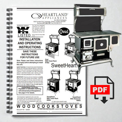 Heartland Appliances SweetHeart wood cookstove manual with PDF icon on a white background