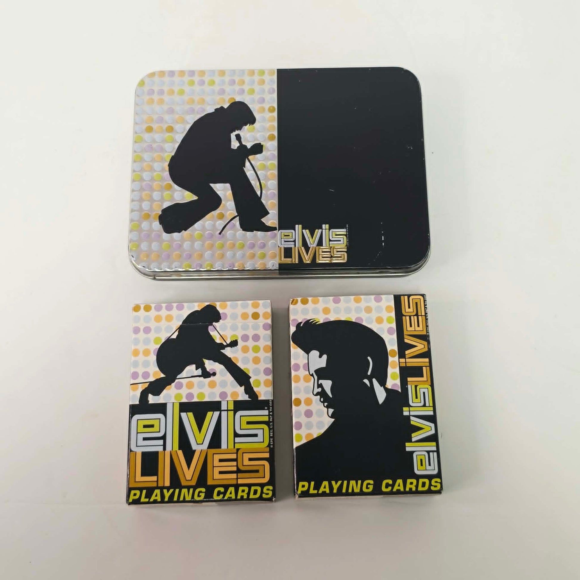 Collectible Elvis Presley Bicycle playing card set with two decks housed in a decorative tin case by United States Playing Card Company.