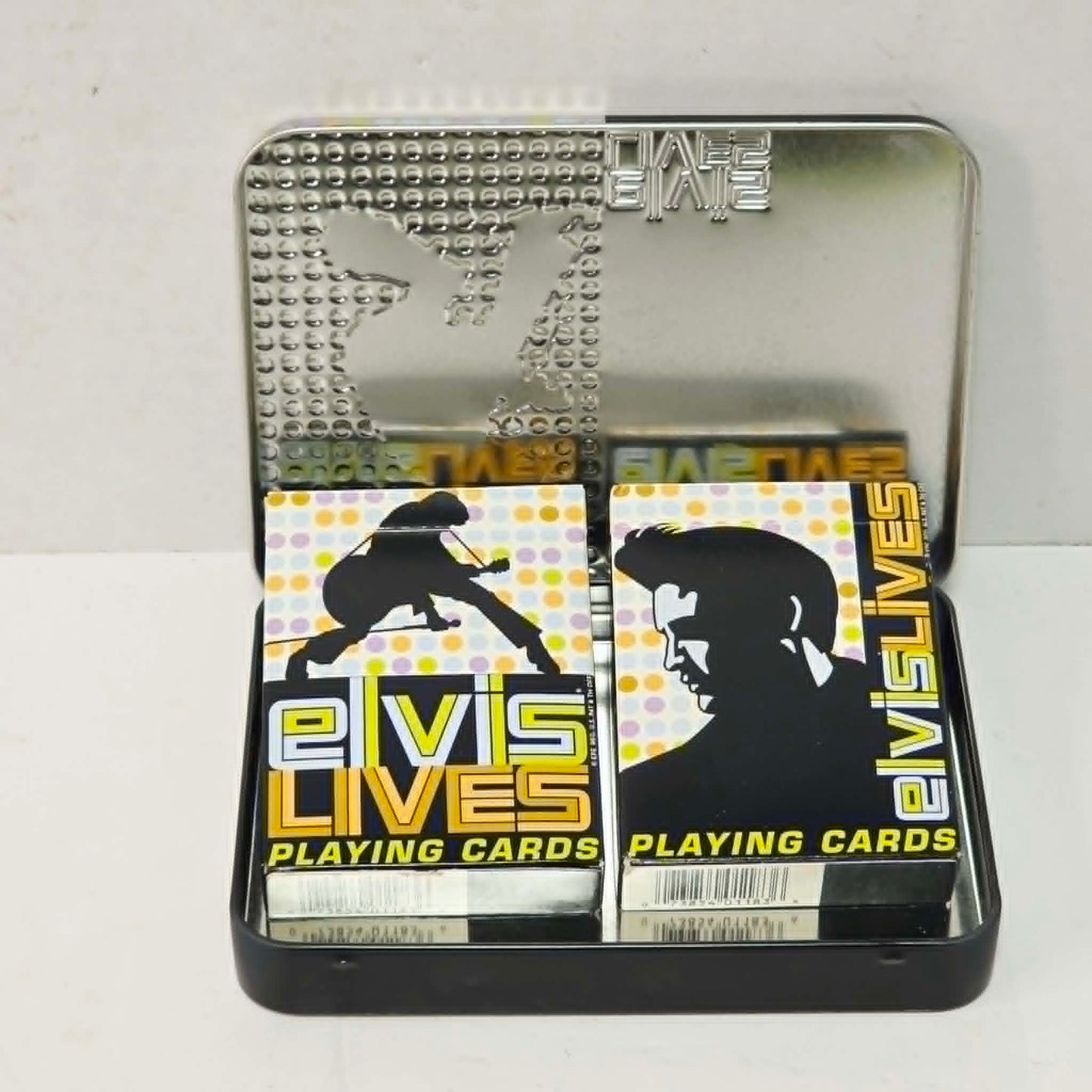 Collectible Elvis Presley Bicycle playing card set with two decks housed in a decorative tin case by United States Playing Card Company.