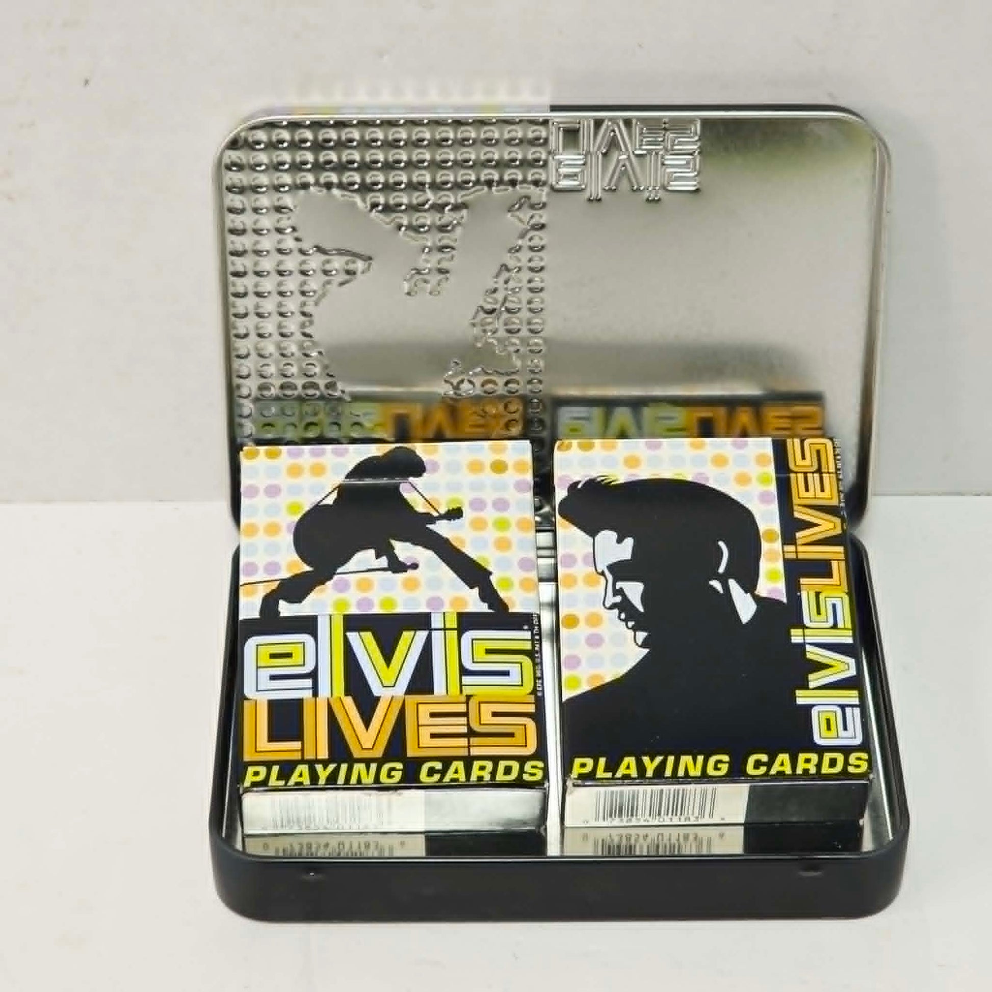 Collectible Elvis Presley Bicycle playing card set with two decks housed in a decorative tin case by United States Playing Card Company.