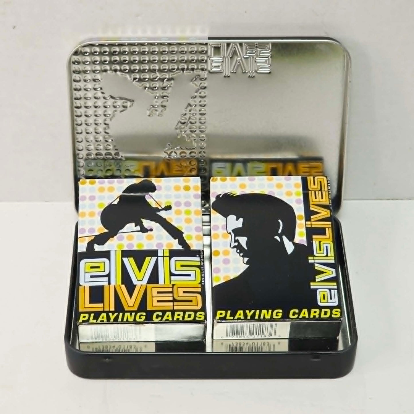 Collectible Elvis Presley Bicycle playing card set with two decks housed in a decorative tin case by United States Playing Card Company.