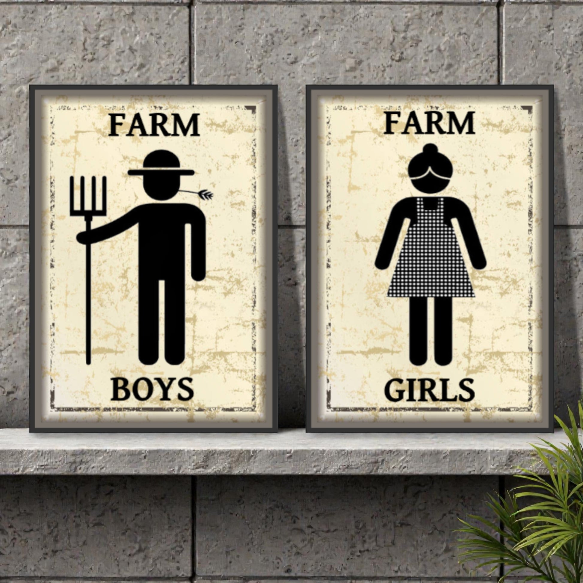 Two framed posters on a stone wall, one labeled 'Farm Boys' with a farmer icon and the other labeled 'Farm Girls' with a girl icon.