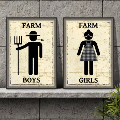 Two framed posters on a stone wall, one labeled 'Farm Boys' with a farmer icon and the other labeled 'Farm Girls' with a girl icon.