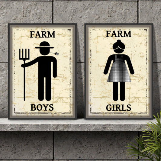 Two framed posters on a stone wall, one labeled 'Farm Boys' with a farmer icon and the other labeled 'Farm Girls' with a girl icon.