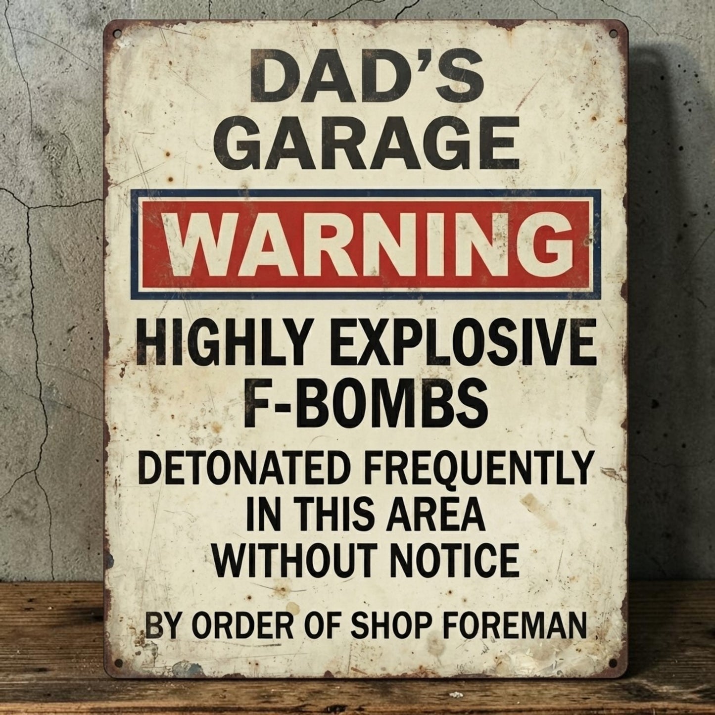 Personalized Dad's Garage warning sign with funny explosive F-bomb message on rustic metal.
