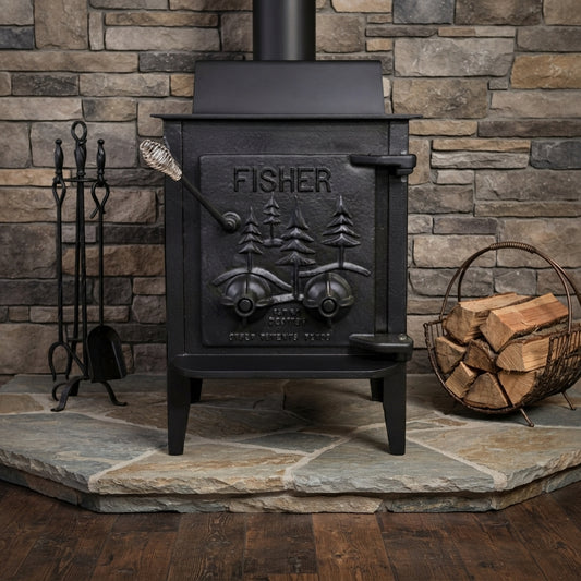 Papa Bear Fisher wood stove refurbished for dependable homestead and off-grid heating.
