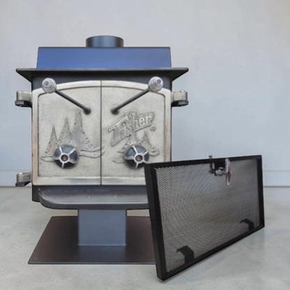 Vintage Fisher Teddy Bear wood stove with full factory nickel doors and pedestal base.
