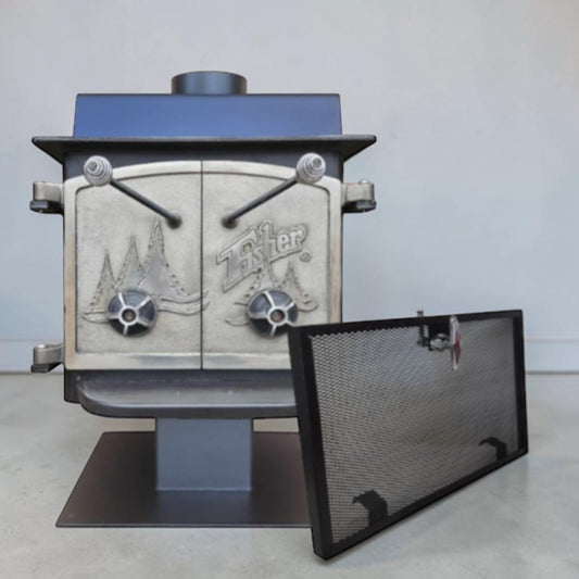 Vintage Fisher Teddy Bear wood stove with full factory nickel doors and pedestal base.
