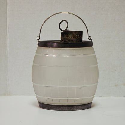 Victorian frosted glass biscuit barrel shaped like a wooden keg with silver accents
