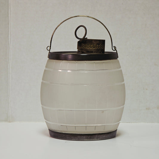Victorian frosted glass biscuit barrel shaped like a wooden keg with silver accents

