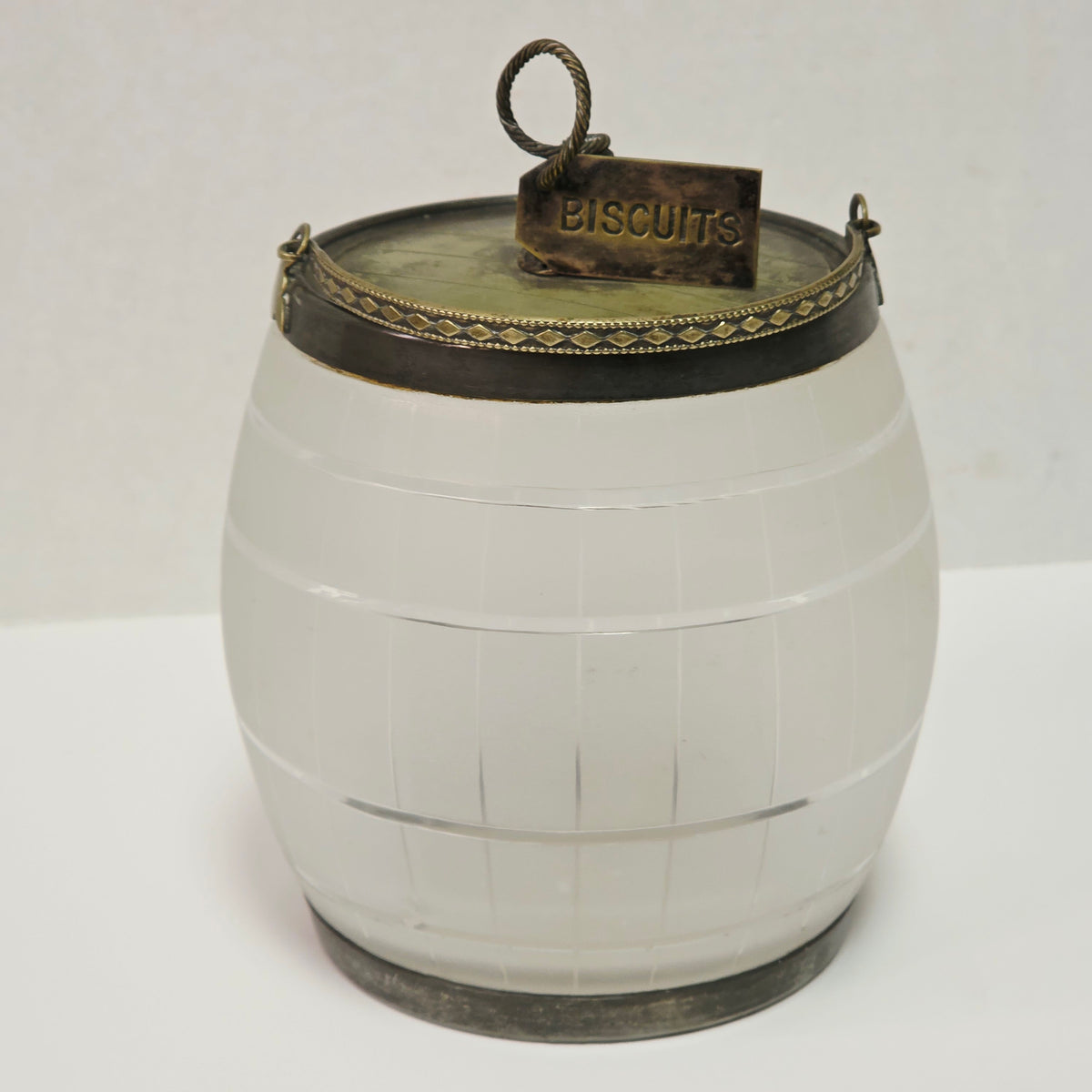 Victorian frosted glass biscuit barrel shaped like a wooden keg with silver accents
