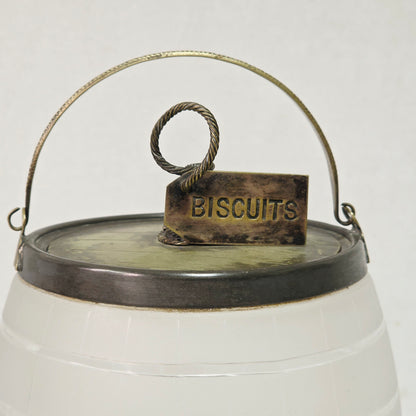 Victorian frosted glass biscuit barrel shaped like a wooden keg with silver accents
