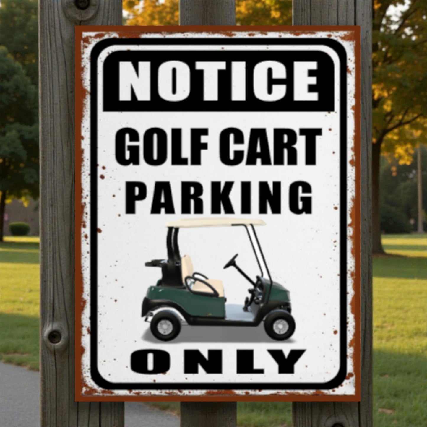 Golf cart parking sign on a wooden post with a golf course background