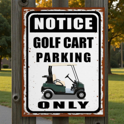 Golf cart parking sign on a wooden post with a golf course background