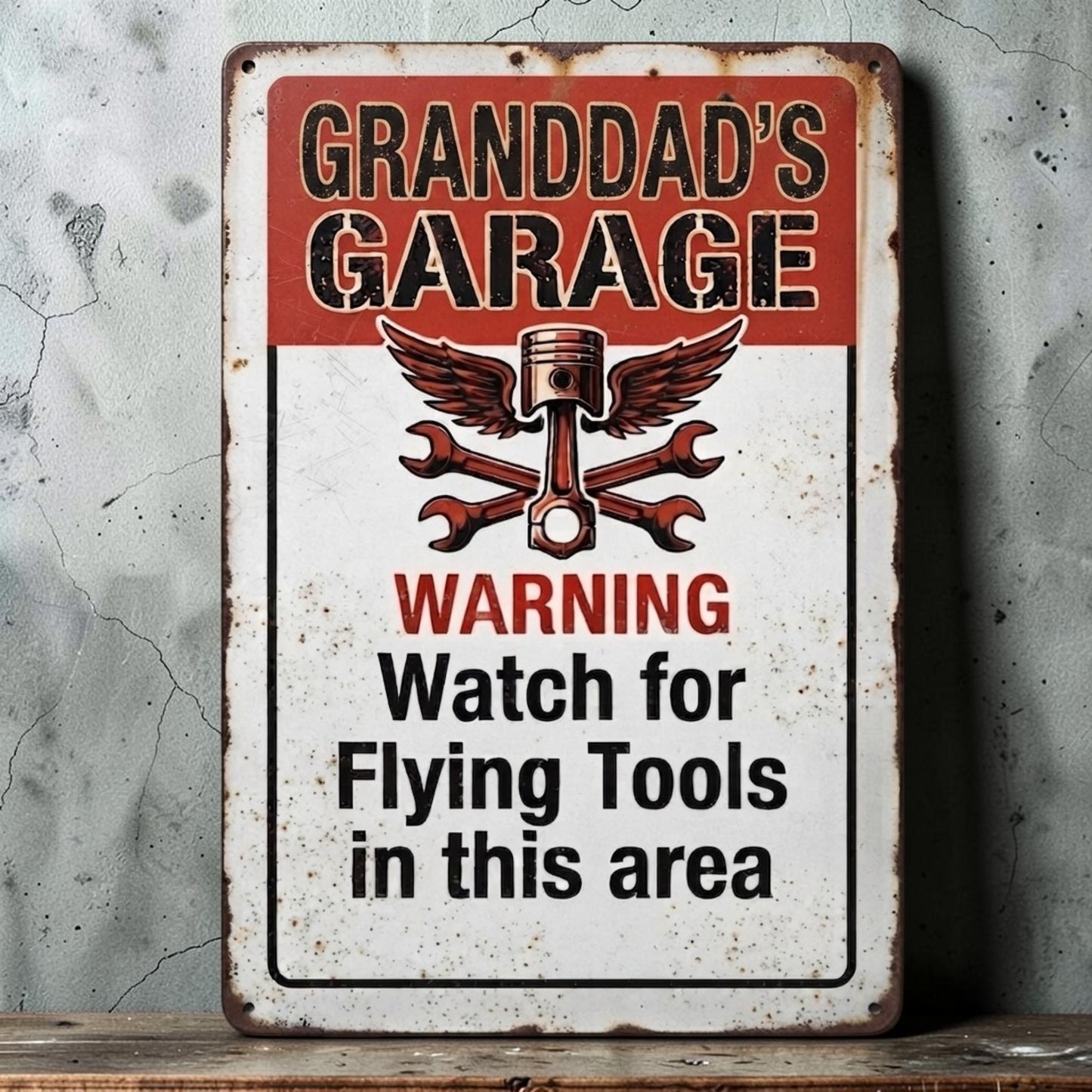 Rustic personalized Dad's Garage and Granddad's Garage metal sign with flying tools warning.
