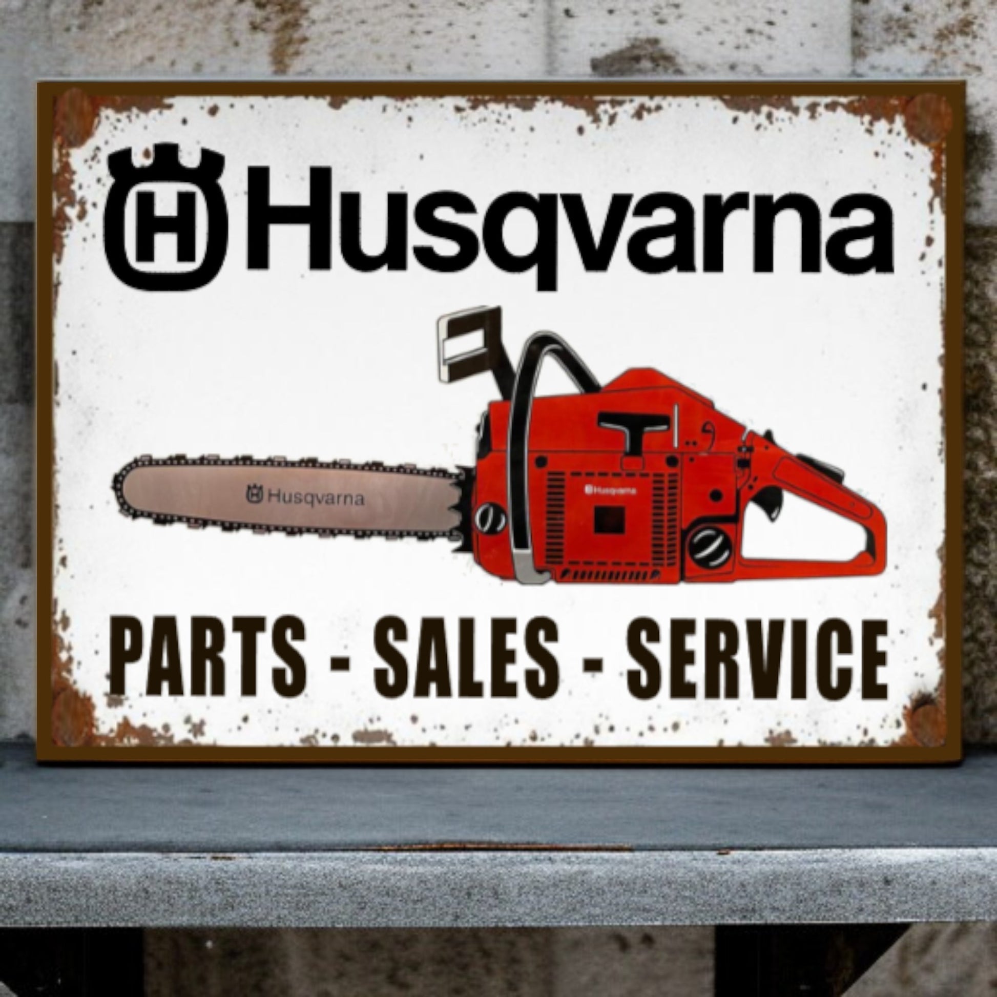 Husqvarna parts, sales, and service sign with a red chainsaw graphic on a white background.