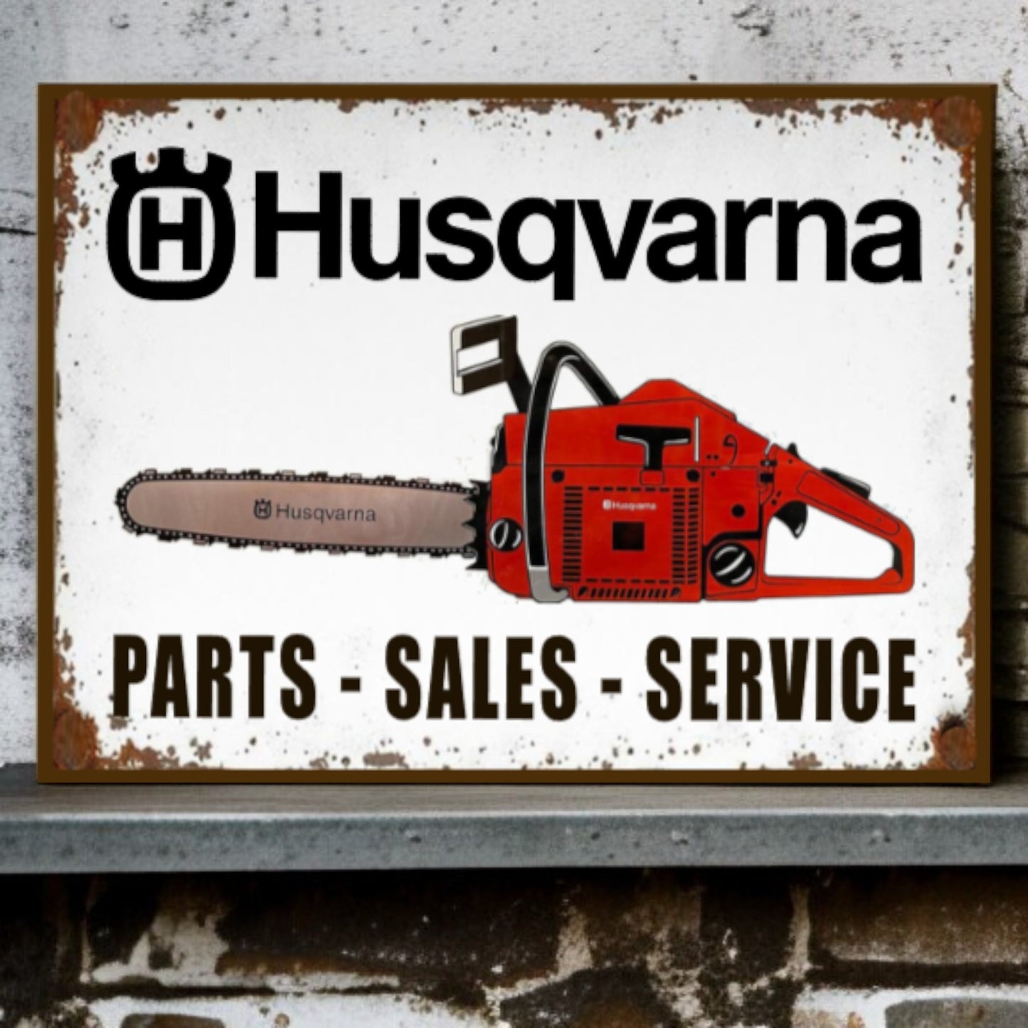 Husqvarna chainsaw sign with 'Parts - Sales - Service' text on a white background.