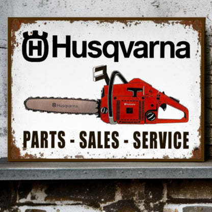 Husqvarna chainsaw sign with 'Parts - Sales - Service' text on a white background.