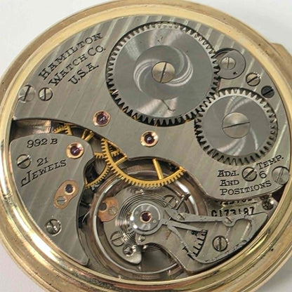 Hamilton 992B Railway Special Size 16 pocket watch with triple-sunk porcelain dial and original gold-filled scroll case.