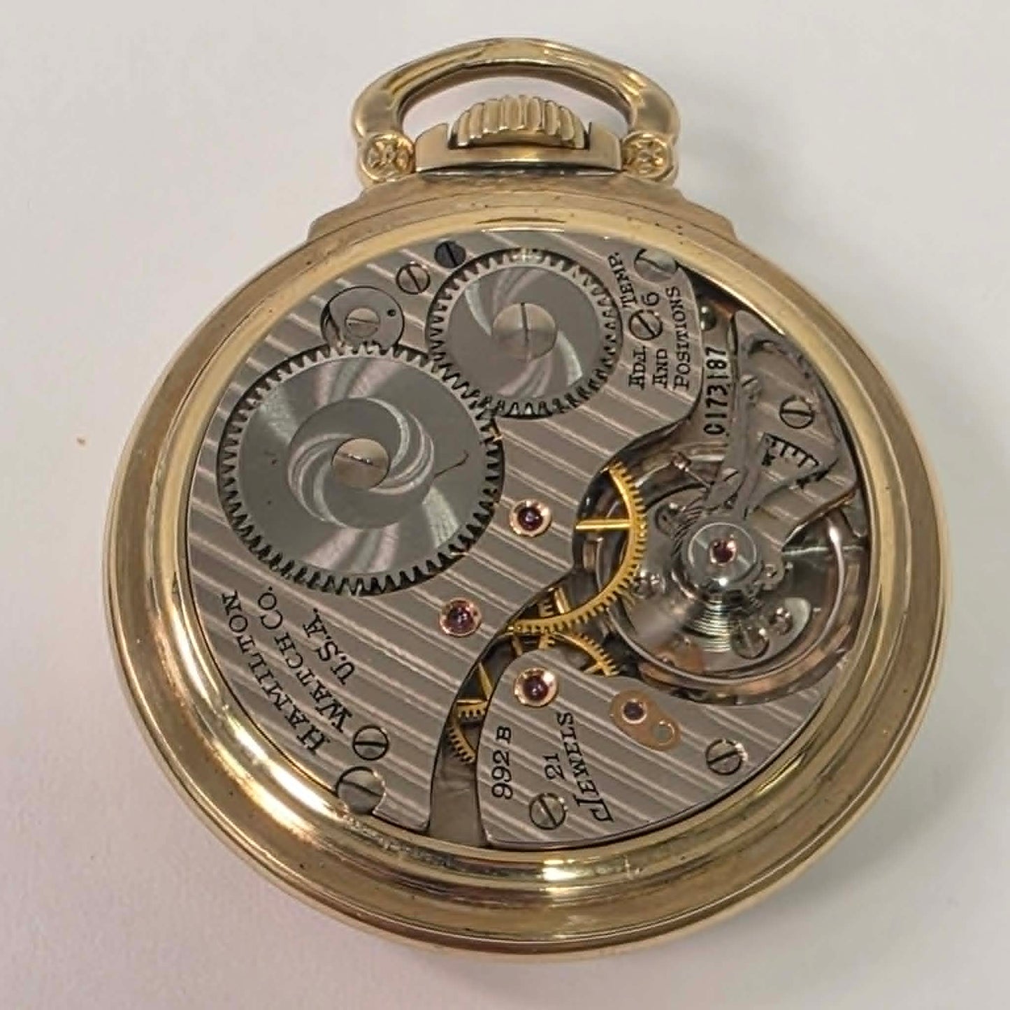 Hamilton 992B Railway Special Size 16 pocket watch with triple-sunk porcelain dial and original gold-filled scroll case.