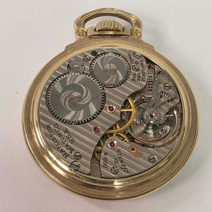 Hamilton 992B Railway Special Size 16 pocket watch with triple-sunk porcelain dial and original gold-filled scroll case.