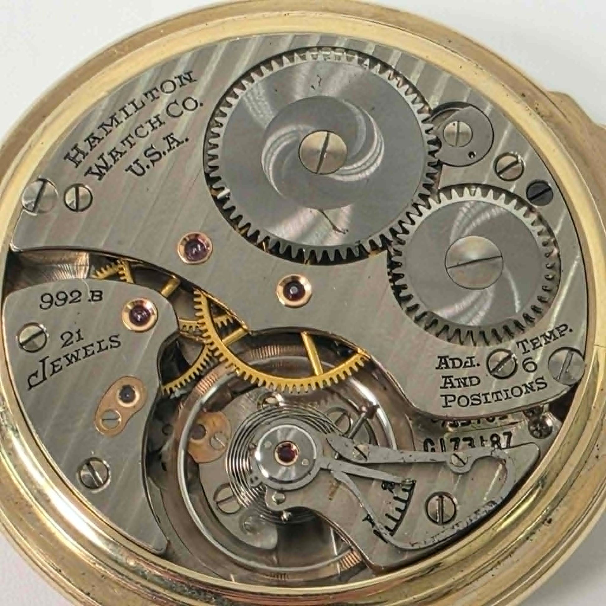 Hamilton 992B Railway Special Size 16 pocket watch with triple-sunk porcelain dial and original gold-filled scroll case.