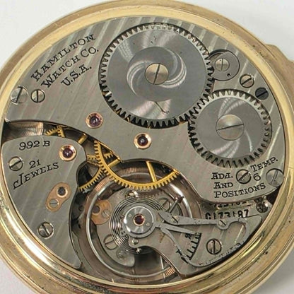 Hamilton 992B Railway Special Size 16 pocket watch with triple-sunk porcelain dial and original gold-filled scroll case.