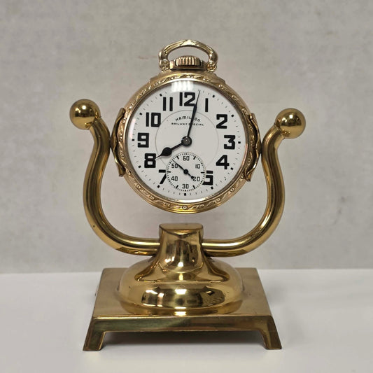 Hamilton 992B Railway Special Size 16 pocket watch with triple-sunk porcelain dial and original gold-filled scroll case.
