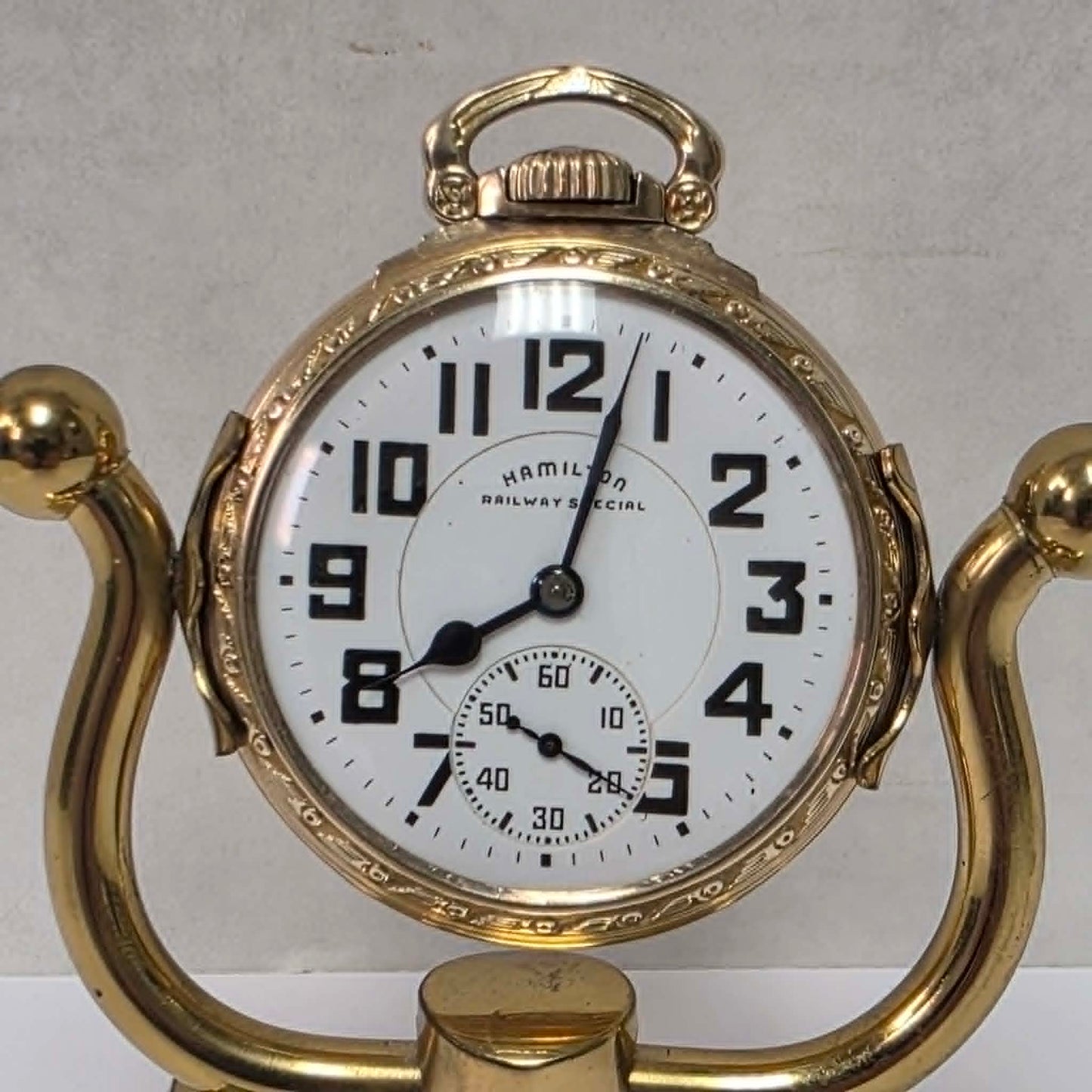 Hamilton 992B Railway Special Size 16 pocket watch with triple-sunk porcelain dial and original gold-filled scroll case.