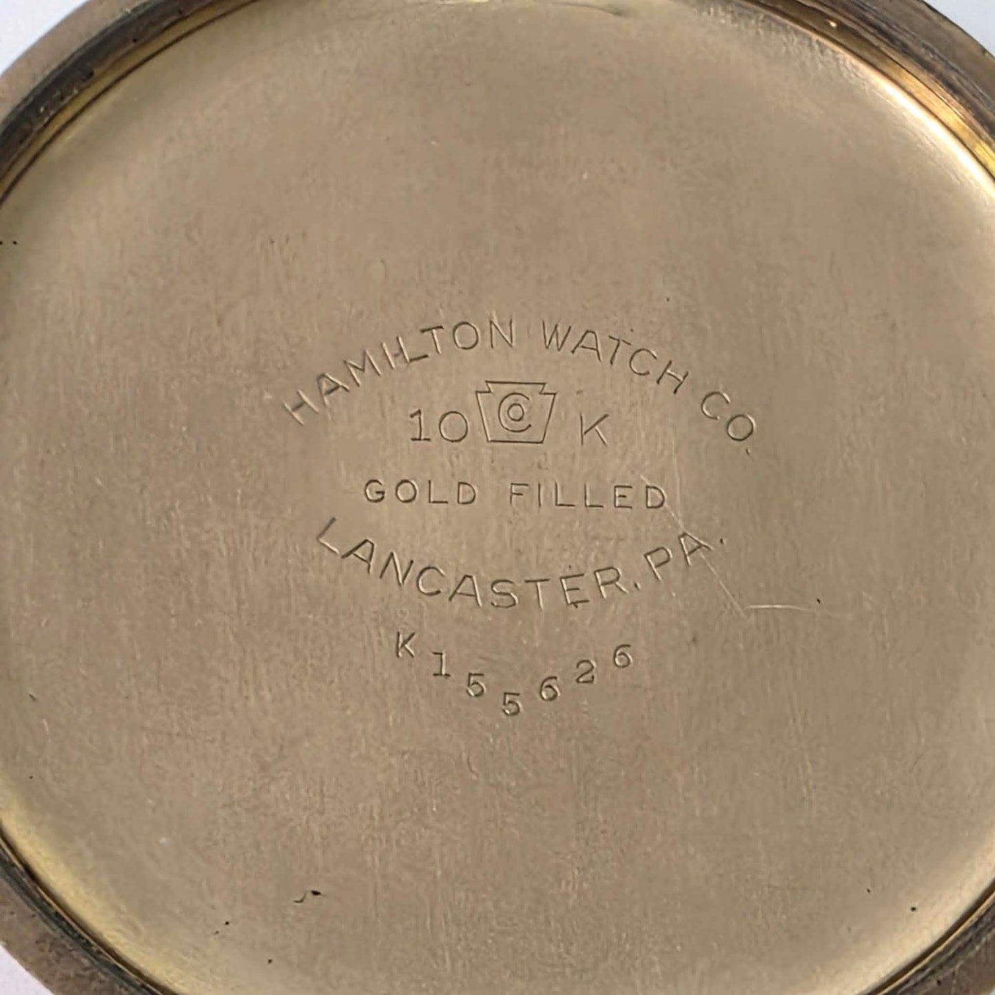 Hamilton 992B Railway Special Size 16 pocket watch with triple-sunk porcelain dial and original gold-filled scroll case.