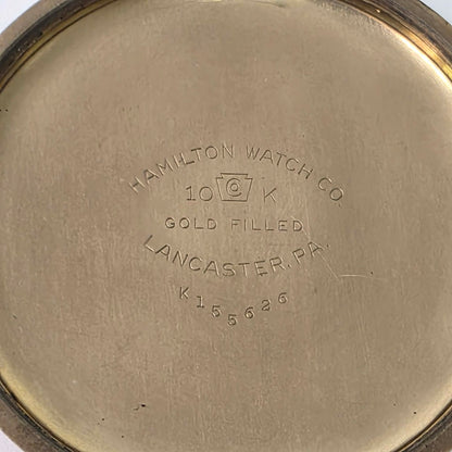 Hamilton 992B Railway Special Size 16 pocket watch with triple-sunk porcelain dial and original gold-filled scroll case.