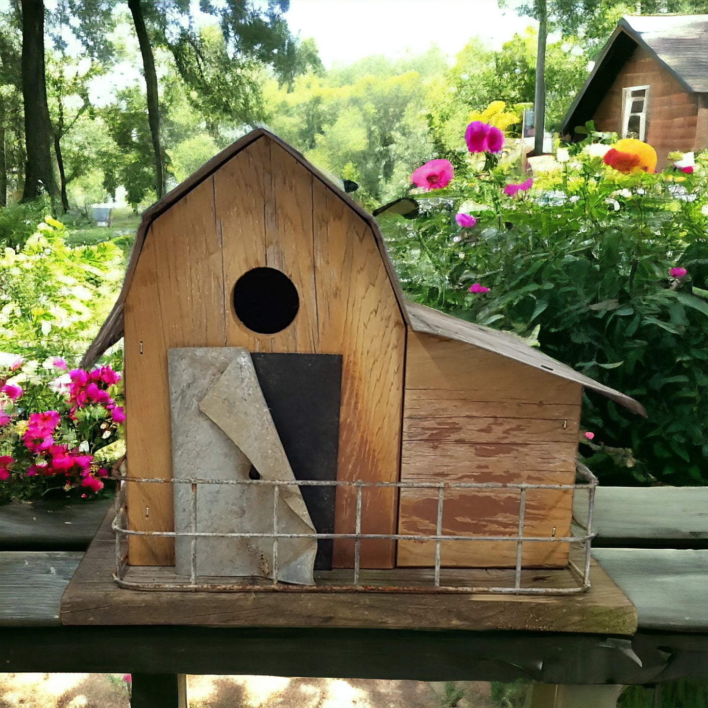 Handmade reclaimed wood barn-style birdhouse with lean-to addition and rustic folk art finish.