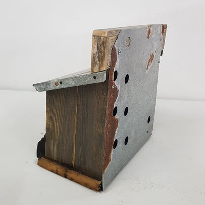 Handmade rustic Chicken Ranch folk art birdhouse made from reclaimed materials with chicken-themed artwork.
