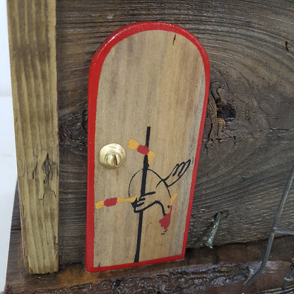 Handmade rustic Chicken Ranch folk art birdhouse made from reclaimed materials with chicken-themed artwork.
