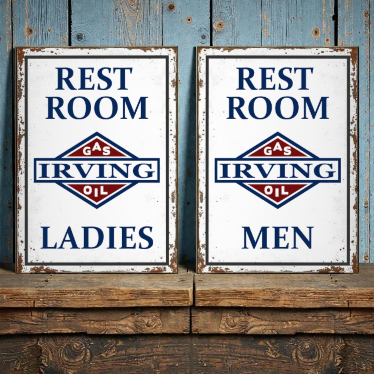 Two vintage-style restroom signs for Irving Gas and Oil on a wooden surface with a rustic background.