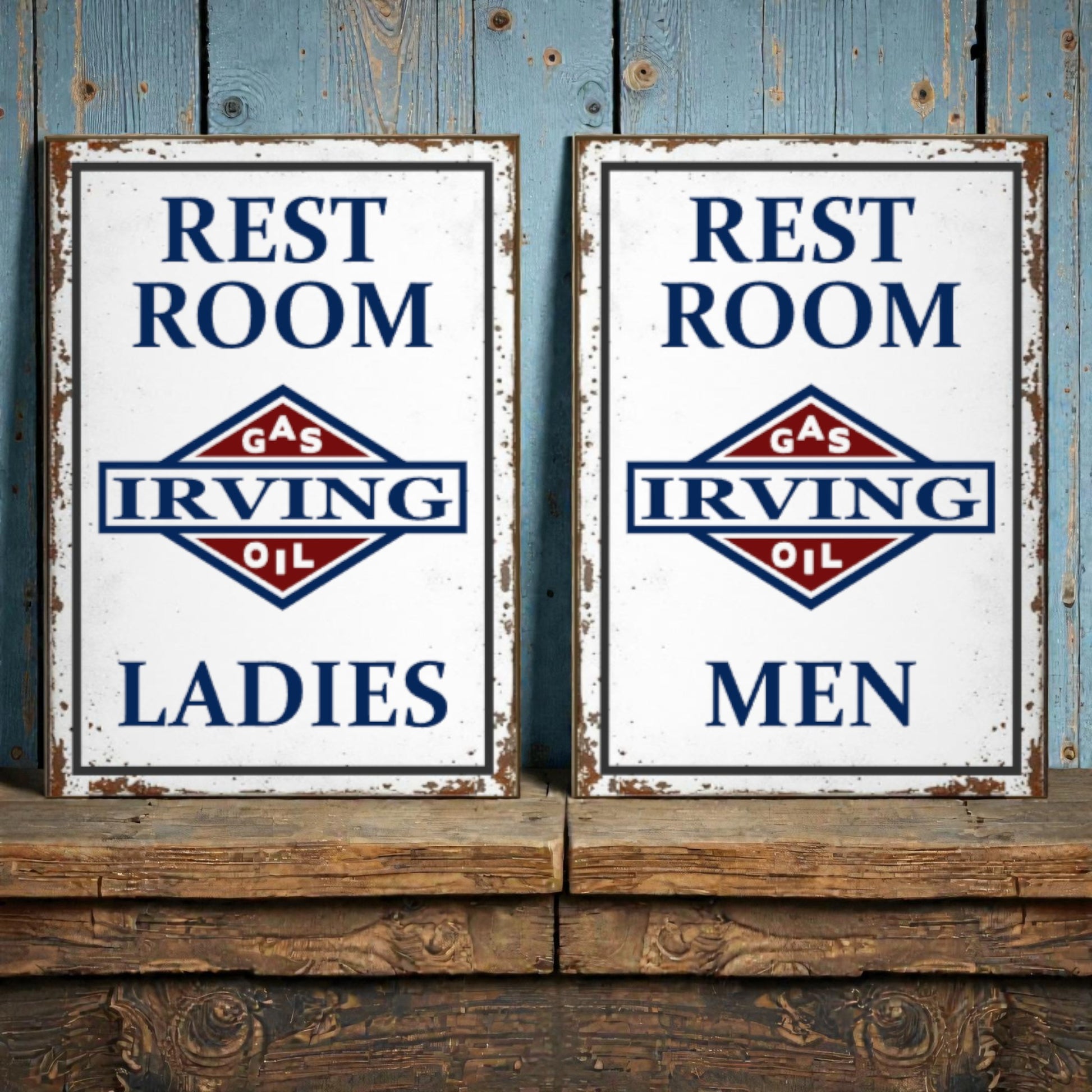 Two vintage-style restroom signs for Irving Gas and Oil on a wooden surface with a rustic background.