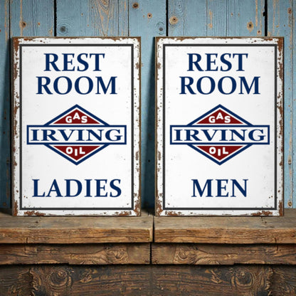 Two vintage-style restroom signs for Irving Gas and Oil on a wooden surface with a rustic background.