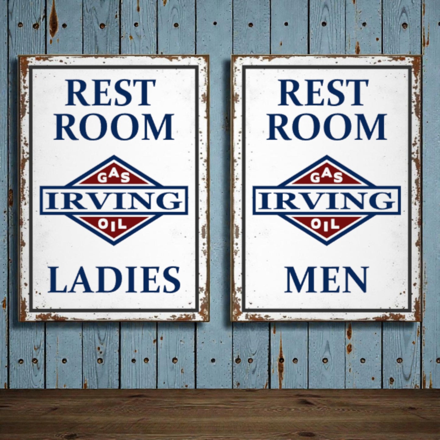 Two vintage-style restroom signs for Irving Gas and Oil on a wooden wall.