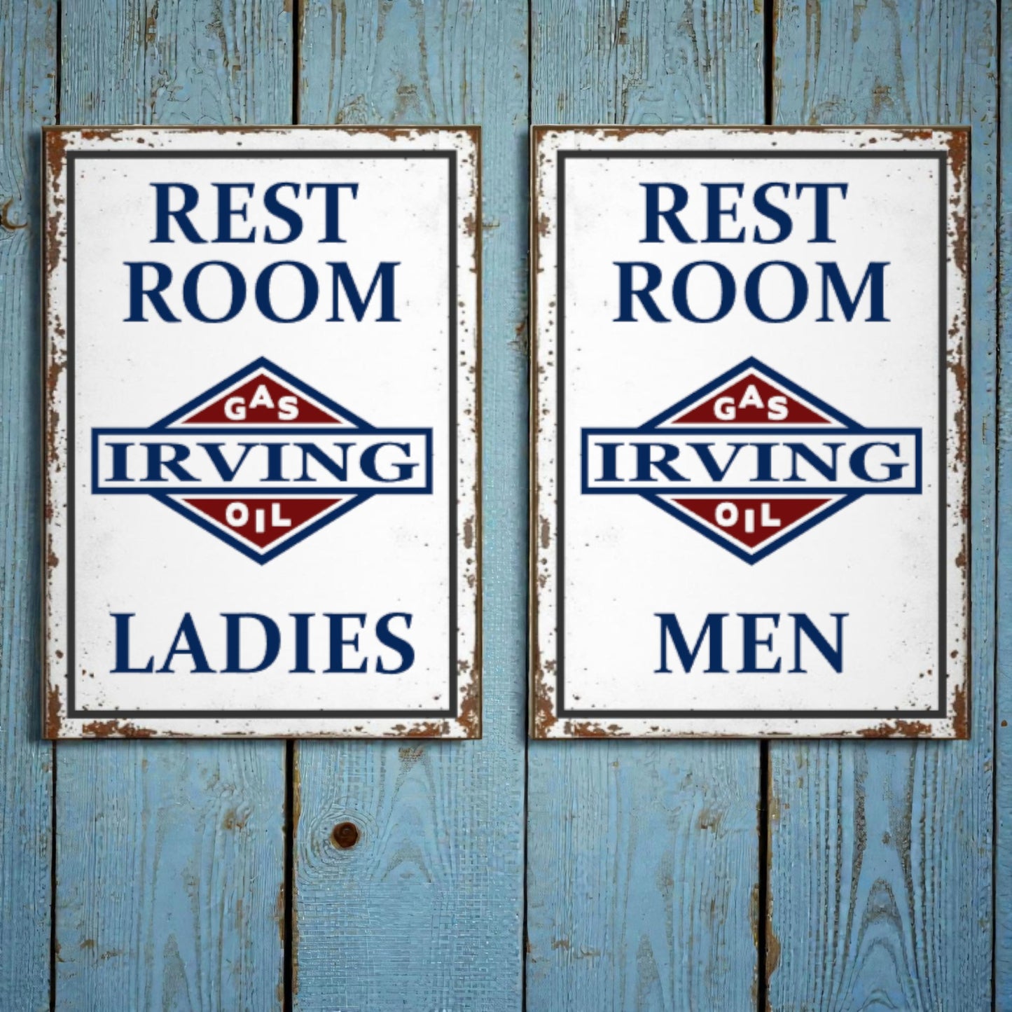 Two vintage-style restroom signs for Irving Oil on a wooden background.