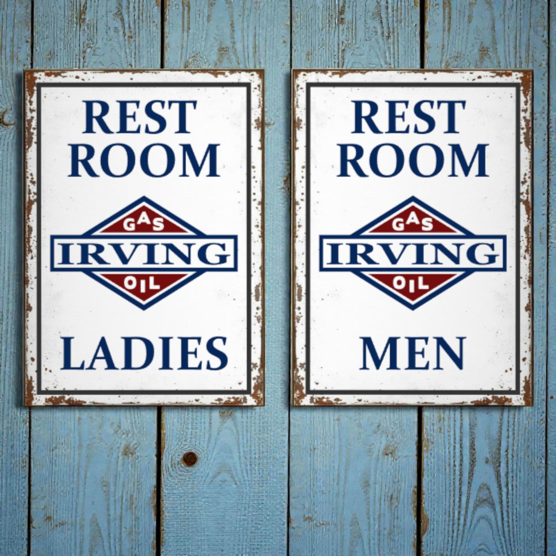 Two vintage-style restroom signs for Irving Oil on a wooden background.